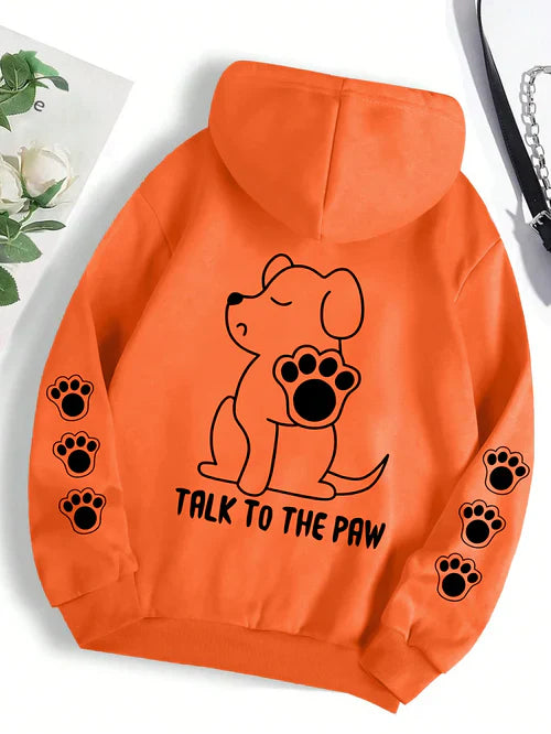 Talk To The Paw Funny Dog Cartoon Print Hoodie Women Warm Fleece Hoody