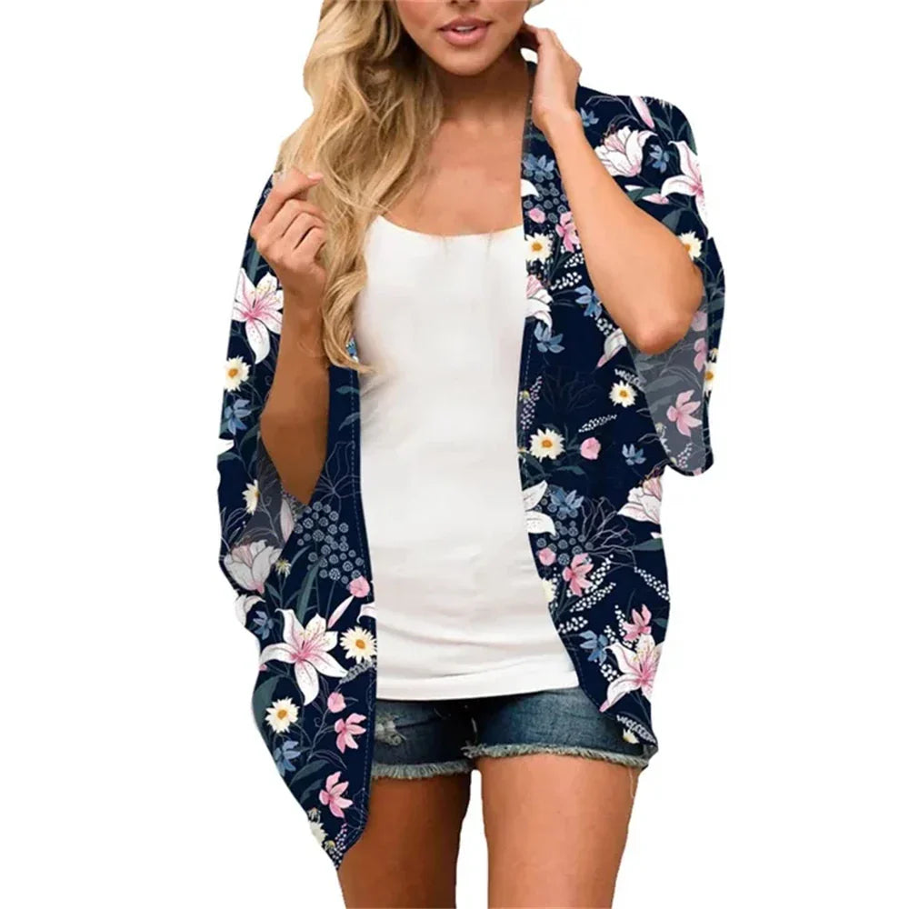Women'S Swimwear 2023 Cardigans For Women Clearance Fashion Womens Middle Short Sleeve Print Chiffon Cardigan Beach Loose Tops