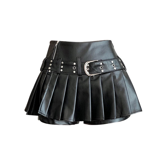 Women's Black Gothic A-line Pleated Leather Skirt Y2k Mini Shorts