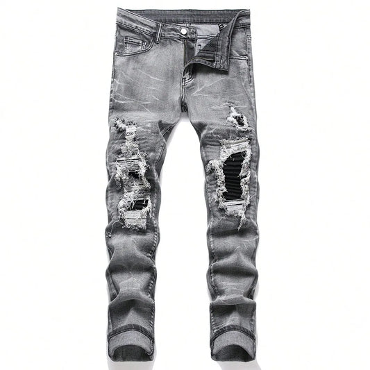 Men‘s Stretchy Denim Jeans Streetwear Tearing Patchwork Holes Ripped