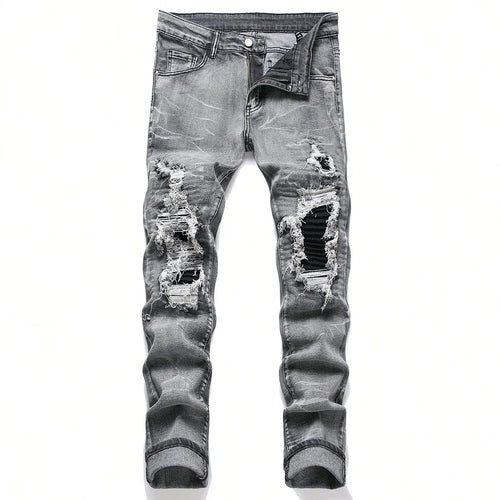 Men‘s Stretchy Denim Jeans Streetwear Tearing Patchwork Holes Ripped
