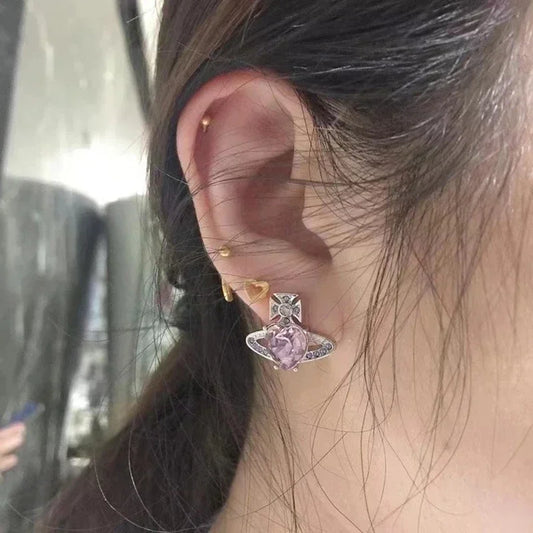 Trendy Fashion Gold Silver Color Love Heart Stud Earrings for Women Vintage Saturn Earrings Lovey Gifts Korean Fashion Jewelry