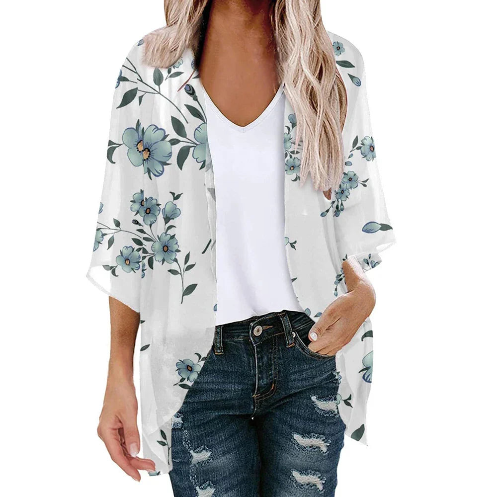New Women Chiffon Blouse Kimono Tops Cardigan Leaves Print Beach Blouse Shawl Loose Hawaiian Outwear Swim Cover Up  Beach Wear