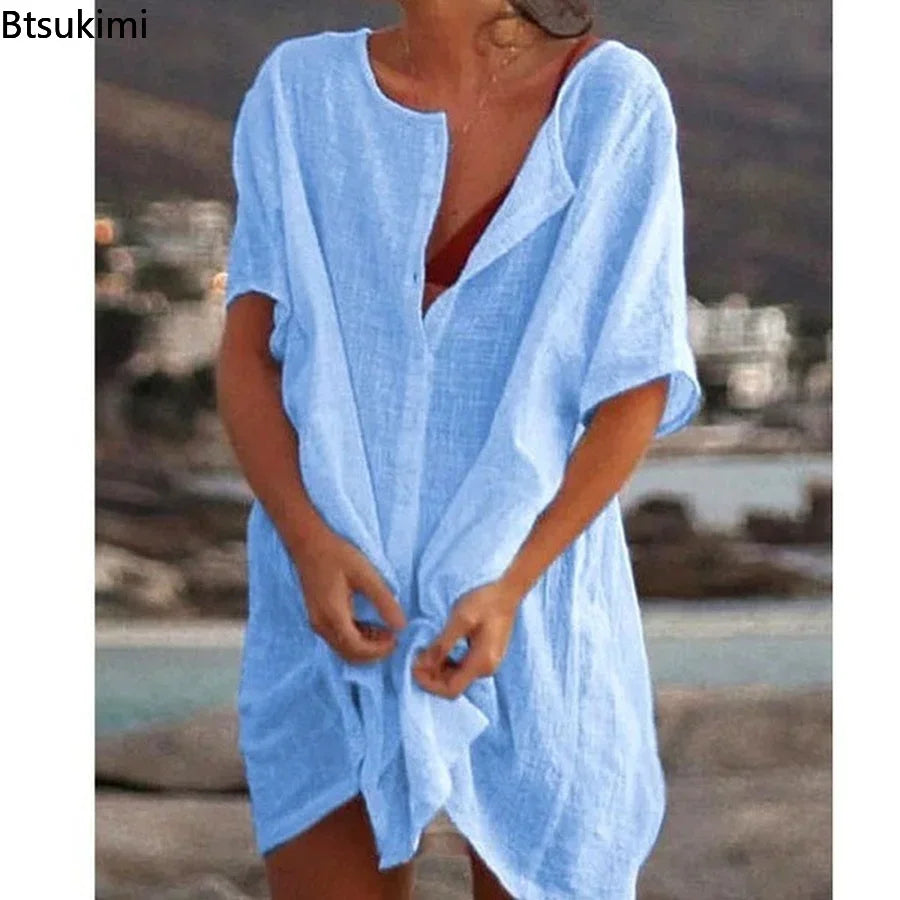 2024 Women's Cotton Linen Beach Dress Solid Summer Casual Cover-ups