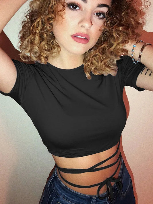 2022 Summer Women Black Short T-Shirts Sexy Crop Tops Short Sleeve