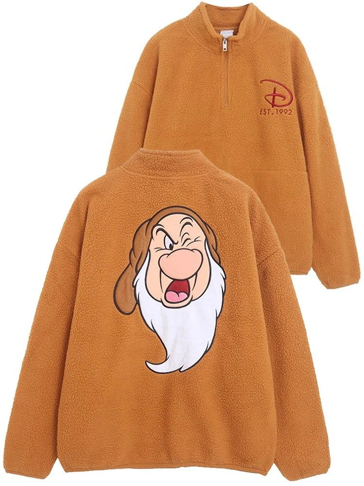 Disney Minnie Mouse Letter Print Embroidery Lamb's Wool Sweatshirt Women Long Sleeve Jacket Jumper Tops White Streetwear Female