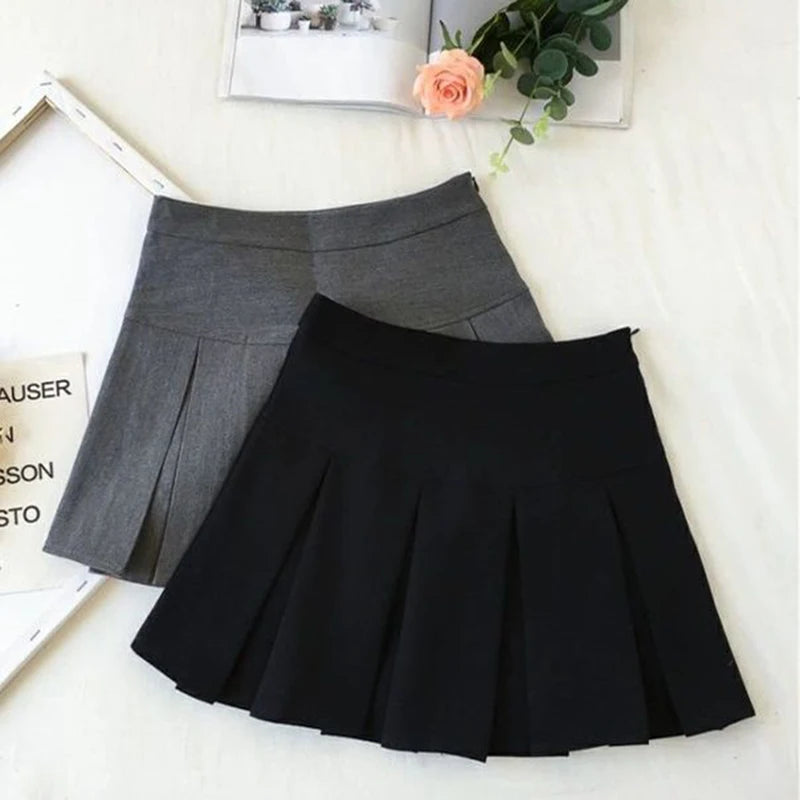 Fashion A Line Women Pleated Skirt High Waist Zipper Grey Student Mini
