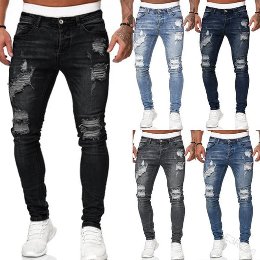 Fashion Street Style Ripped Skinny Jeans Men Vintage wash Solid Denim