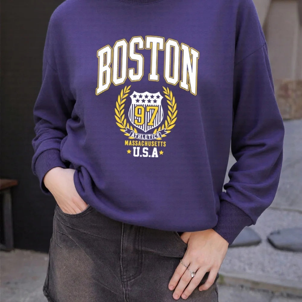 Boston USA Creative Letter Printed Woman Streetwear Hip Hop Street Clothes Autumn Sports Sweatshirt Breathable Fleece Tops