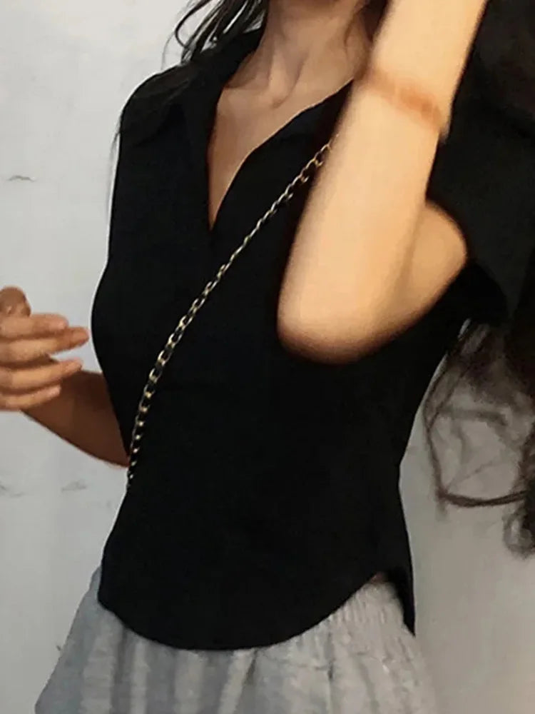 Summer Short Sleeve Lapel Top Women'S Solid V-Neck Pullovers Retro