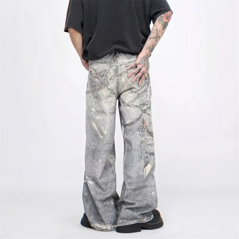 New 3D Chain Printed Baggy Jeans For Men And Women Casual Baggy
