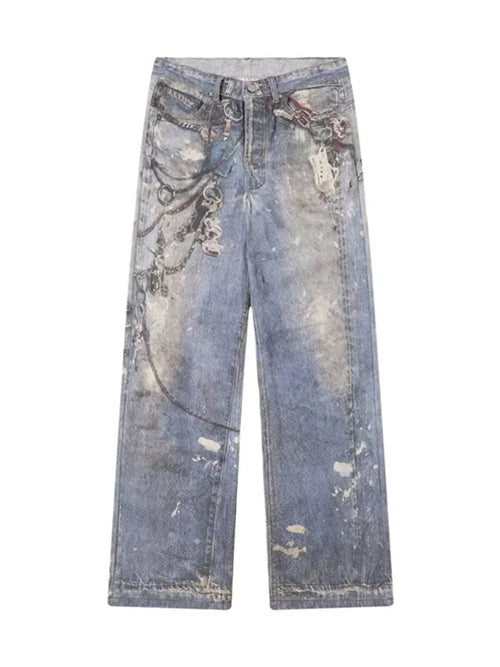 New 3D Chain Printed Baggy Jeans For Men And Women Casual Baggy