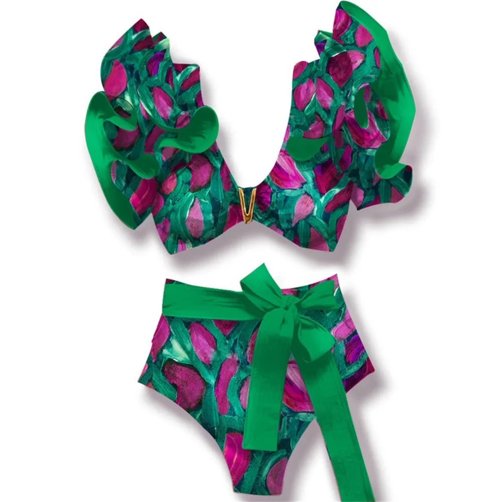 Two-Pieces Women Floral 2025 Push-Up Padded Bra Ruffles Bandage Bikini Set Swimsuit Swimwear Bathing Suit Beachwear Biquini