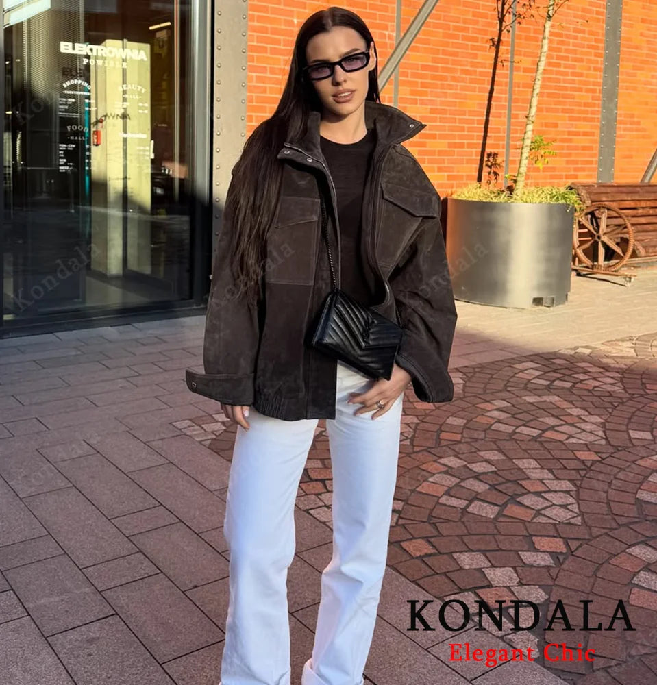 KONDALA Autumn Women Elegant Suede Jacket Stand-up Collar Grey Zipper Loose Jacket 2025 Fall Winter Streetwear Lady Jacket