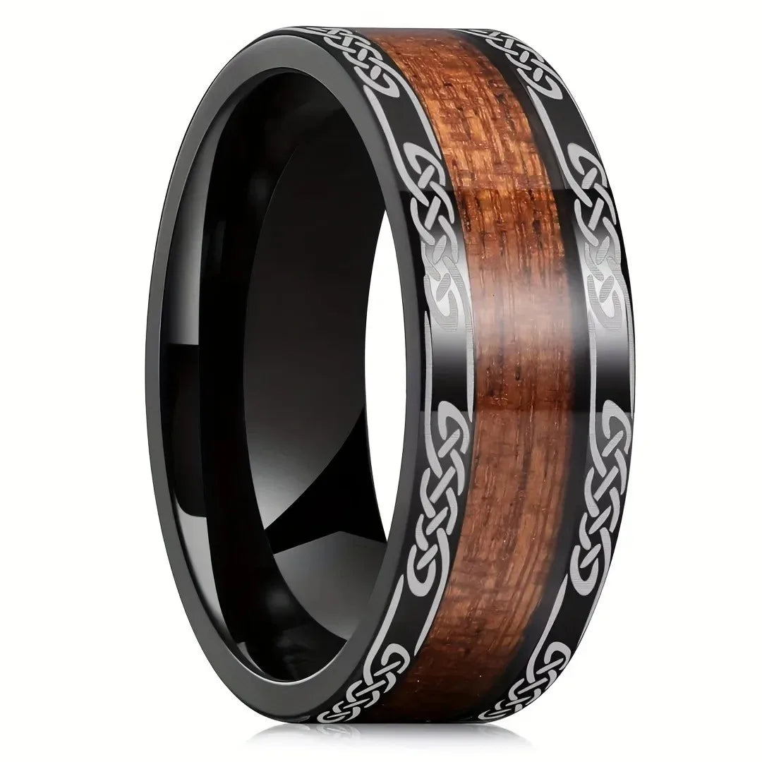 Fashion 8mm Black Stainless Steel Guitar String Rings for Men Whiskey Barrel Wood Inlay Guitarist Ring Men Wedding Band Jewelry