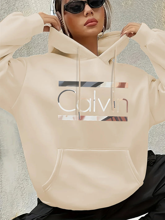 Women'S Vintage Inspired Calvin Letter Print Hoodie Long Sleeve Kangaroo Pocket with Calvin Design Casual Wear Hoodie Vintage