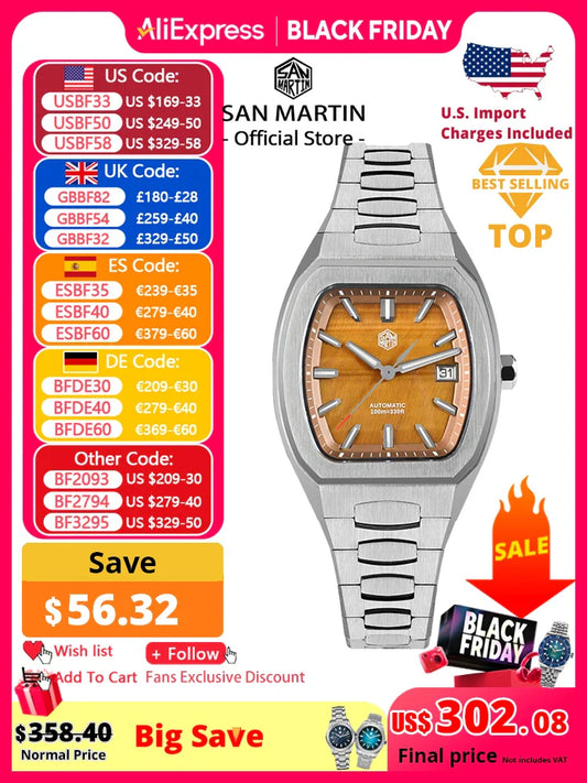San Martin 39.5mm Tonneau Luxury Men Watch Mineral Dial Casual Sports PT5000 SW200 Automatic Mechanical Sapphire Luminous SN0145