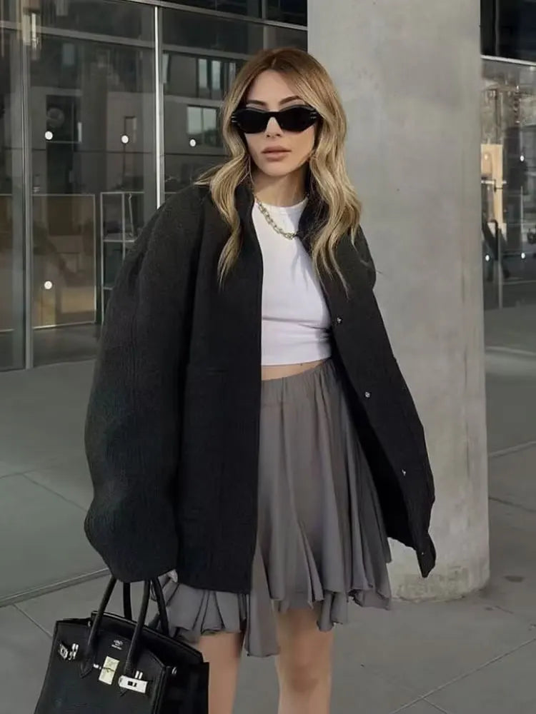 Women Fashion With Pockets Oversized Bomber Jacket Coat Vintage Long Sleeve Snap Button Female Outerwear Chic Tops