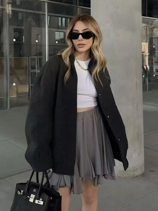 Women Fashion With Pockets Oversized Bomber Jacket Coat Vintage Long Sleeve Snap Button Female Outerwear Chic Tops