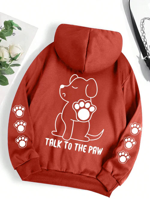 Talk To The Paw Funny Dog Cartoon Print Hoodie Women Warm Fleece Hoody