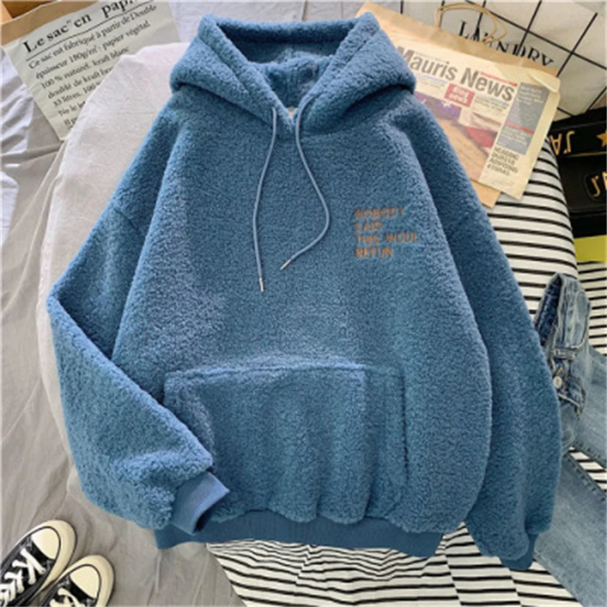 Autumn Winter Fashion Hooded Sweatshirt Women Korean Loose Solid Letter Tops Long Sleeve Warm Outfit Hoodie Lady Casual Street