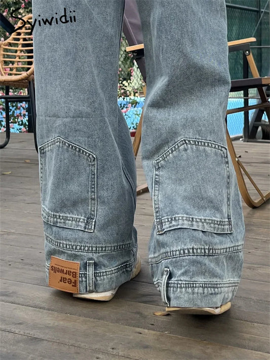 Ins Fashion American Retro Baggy High Waisted Jeans Woman High Street