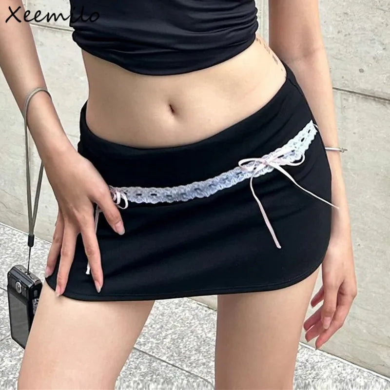 Xeemilo Chic Lace Stitch Black Skirt Y2K Bow Lace Up High-waist Hip