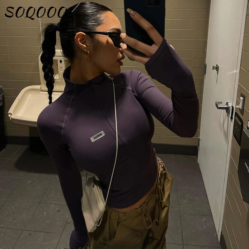 Y2k Long Sleeve T Shirt Women Stand Collar Skinny Zip Crop Tops