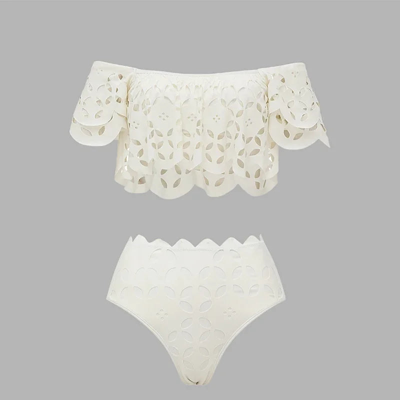 Flaxmaker Women Sexy Strapless Hollowed Bikini Swimsuit Solid Sleeveless Vest Straight Skirt Suit Female Summer Chic Casual Sets