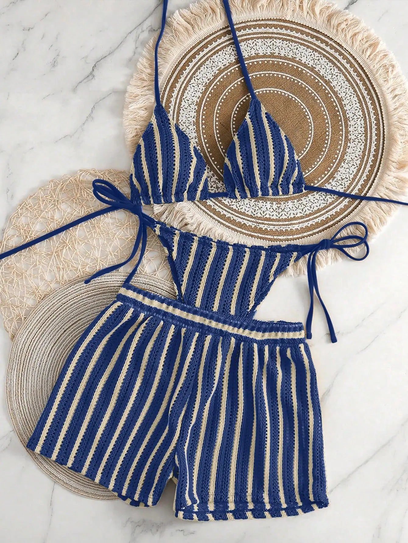New 3 Piece Vacation Swimsuit Set - Sexy Mesh Tie-Up Bikini with High Cut Bottoms for Women Multi-Color Beachwear