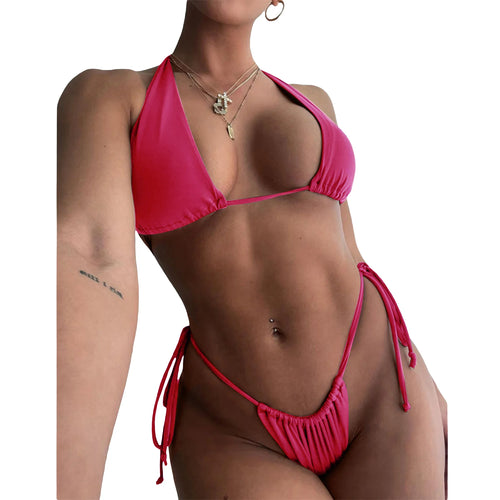 Fashion Women’s Sexy Two Piece Bikini Suits Solid Color Halter Tops