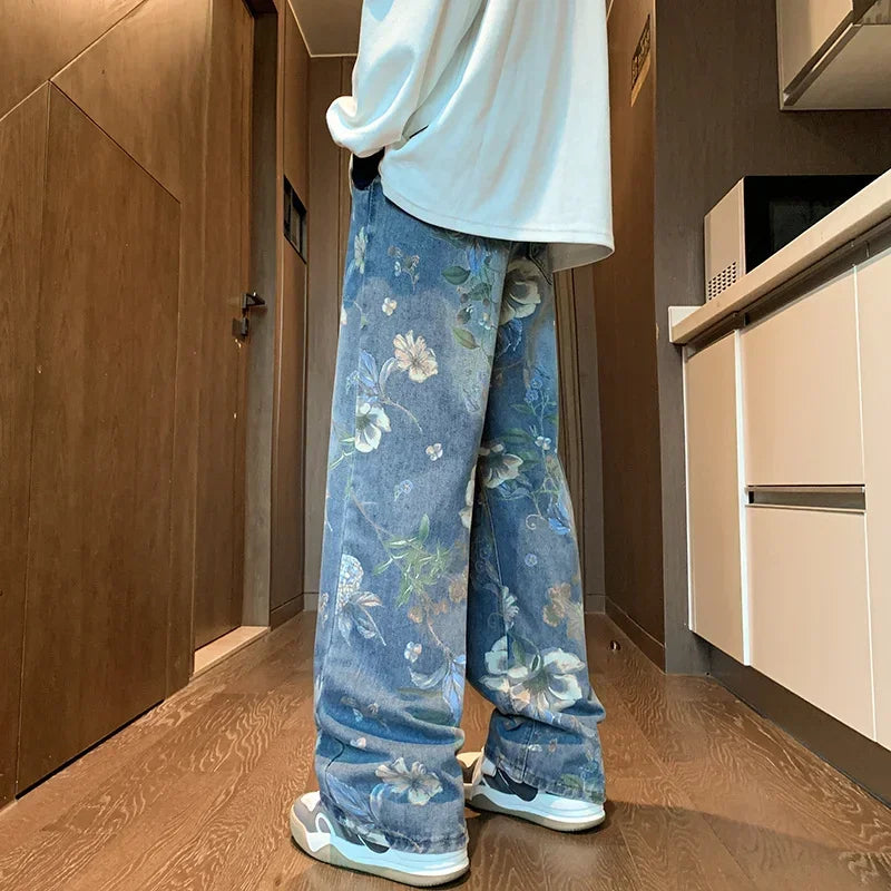 Autumn Floral Printed Jeans For Men 2024 New Y2K Vintage Denim Pants