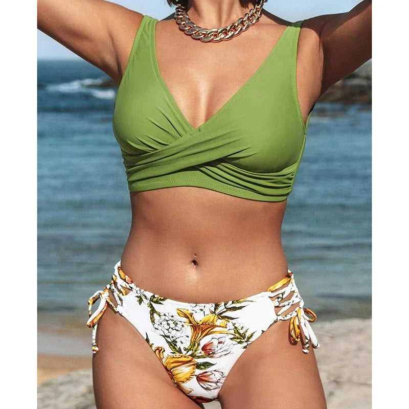 Vintage Printing Bikini Set Women Swimwear Cross Pleated Backless Lace Up Bikini Push Up 2025 New Beach Two Piece Bathing Suit