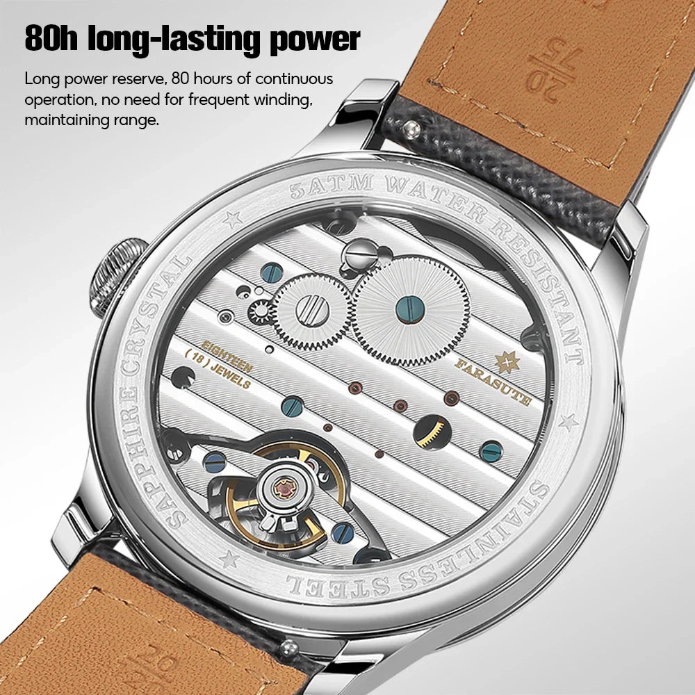 FARASUTE New Power Reserve 80 hours Manual Mechanical Watch For Men Swiss Super Luminous Sapphire 5Bar Waterproof Wristwatches