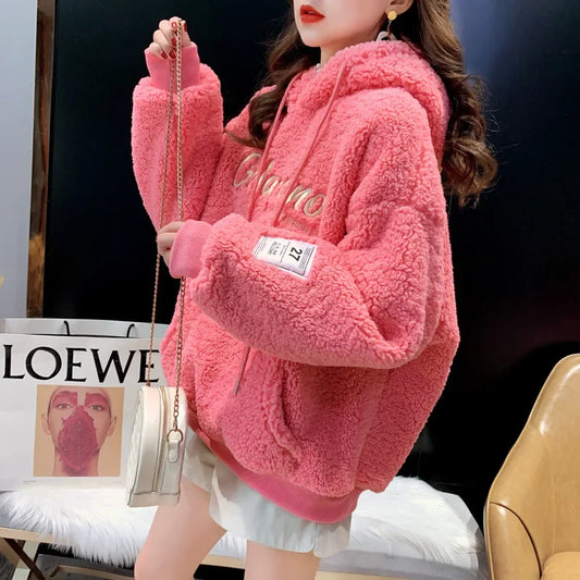 2025 New Women's Hooded Sweatshirt Lamb Velvet Embroidered Letter Korean Version Loose Fit Cross-Border Design Sense