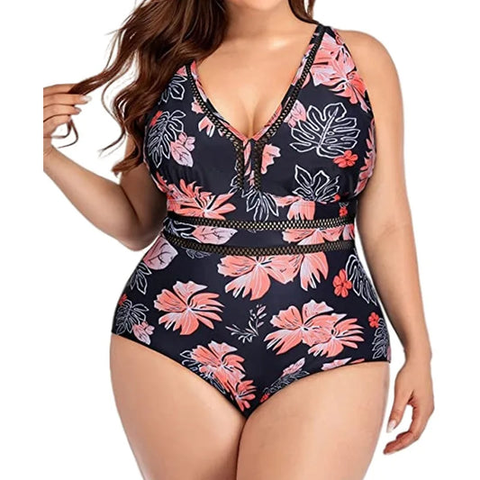 2024 Women One-piece Swimsuit Padded Plus Size Female V Neck Floral