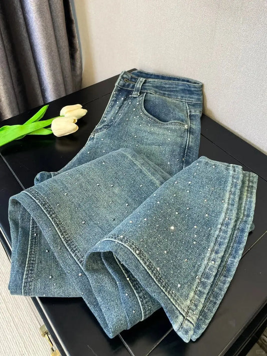 Retro Washed Diamond-encrusted Jeans Women's Spring Design Sense