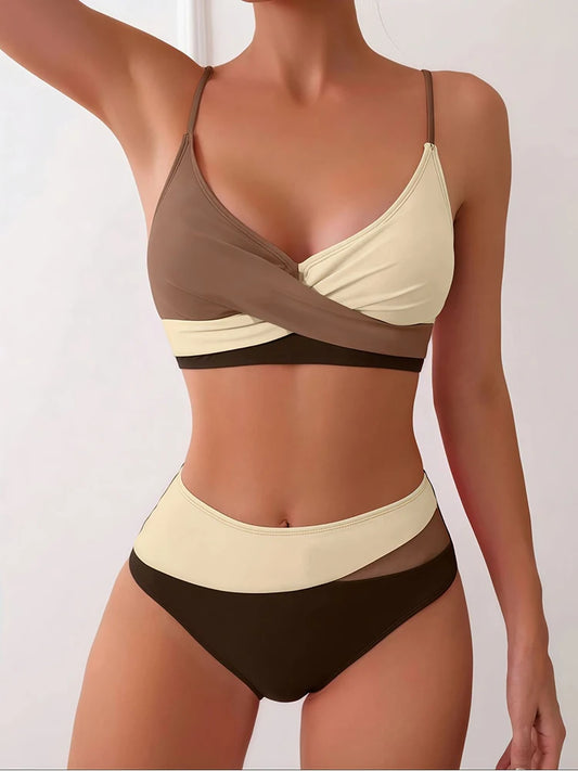 New Patchwork Two-Piece bikini Swimsuit 2025 Sexy Women Tight Hollow Swimsuit Backless Swimwear Cross Push Up Beach Bathing Suit