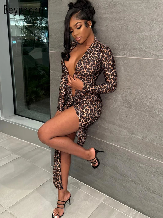 Beyprern Wild Leopard Print Deep Plunge Long Straps Metallic Maxi Dress Chic Women Animal Print Ruched Fitted Night Out Dress