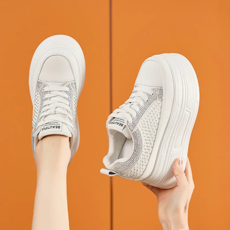 AUTUSPIN 9cm Platforms Chunky Sneakers for Women Leisure Shoes Summer Crystal Splicing Ladies Microfiber Leather Footwear Woman