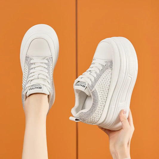 AUTUSPIN 9cm Platforms Chunky Sneakers for Women Leisure Shoes Summer Crystal Splicing Ladies Microfiber Leather Footwear Woman