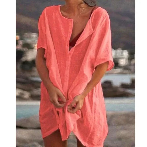 2024 Women's Cotton Linen Beach Dress Solid Summer Casual Cover-ups