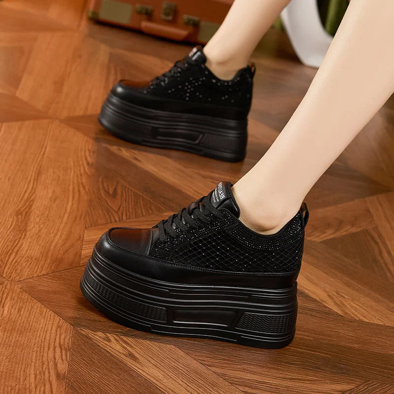 AUTUSPIN 9cm Platforms Chunky Sneakers for Women Leisure Shoes Summer Crystal Splicing Ladies Microfiber Leather Footwear Woman