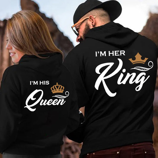 Printing Her King His Queen Lover Hoodies Harajuku Womens Clothing Sweatshirt Plus Size Couple Hoodies