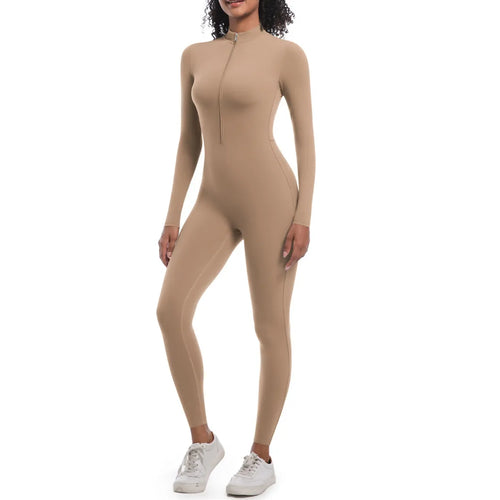 S-XL 2025 Nylon Zipper Long Sleeve Yoga Set Women One Piece Jumpsuit