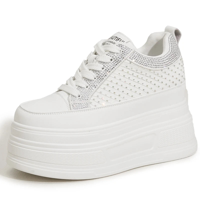 AUTUSPIN 9cm Platforms Chunky Sneakers for Women Leisure Shoes Summer Crystal Splicing Ladies Microfiber Leather Footwear Woman