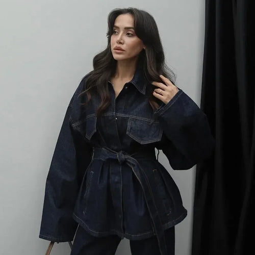 Vintage Belt Denim Jacket Pants Set Women Lapel Single Breasted