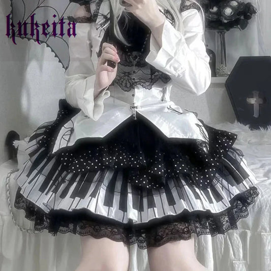 Kukeita Harajuku Y2k Punk Piano Key Wave Dot Lace Skirt Japanese