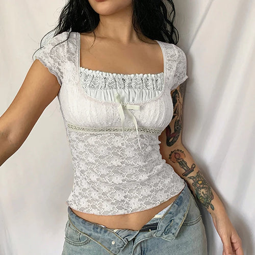 Korean Kawaii Patchwork Women T-shirt Y2K Aesthetic Vintage Milkmaid