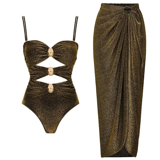 Flaxmaker Gold Glitter Cutout Fabric Women Bikini Set One Piece Swimsuit Swimwear Women Sexy Bikini Beach Wear Bathing Suit